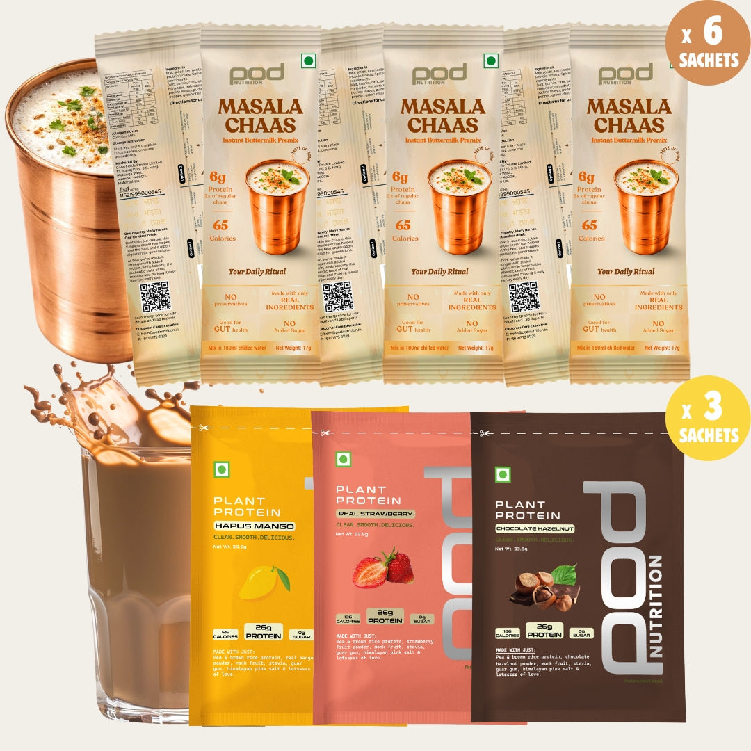 Protein Discovery Pack – Masala Chaas and Plant Protein Sachets Combo | Pod Nutrition